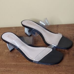 Schutz Ariellen Low Sandal - Clear Vinyl Straps, Rhinestone Heels, Leather Soles